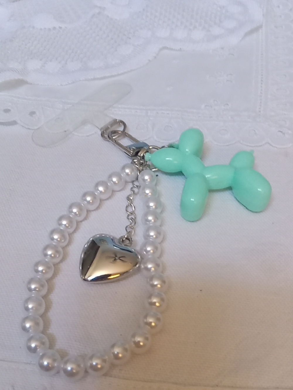Mint Balloon Dog & Pearl Phone Charm Or Keychain